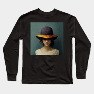 Peeking from beneath the brim, this shy  girl has a wonderful hat. Long Sleeve T-Shirt